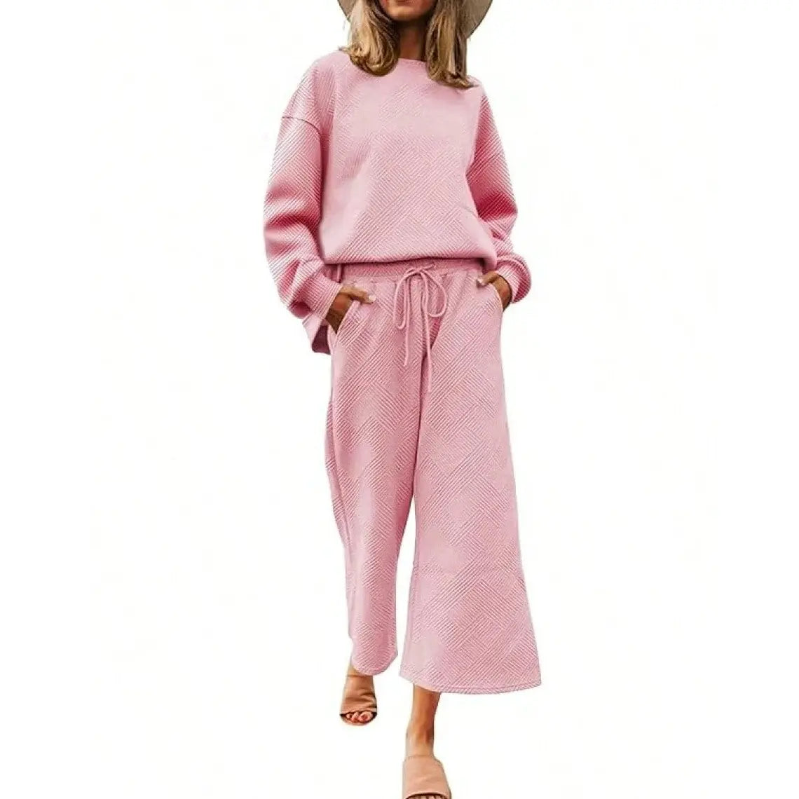 FISOEW Women's 2-Piece Basic Matching Set - Soft Cozy Textured Casual Loungewear Nightwear, Short Sleeve Top & Drawstring Cropped Wide Leg Pants (Women's Clothes)