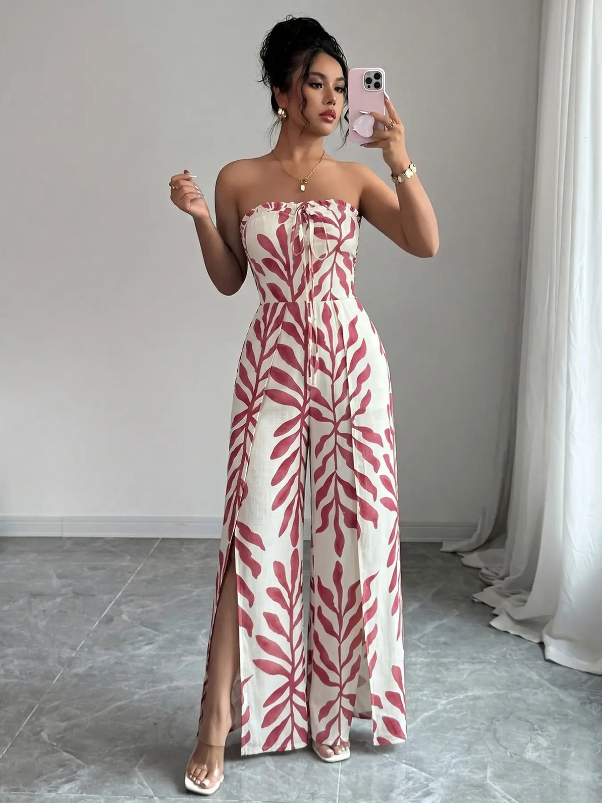 Breathable Flowy Wide Leg Geometric Printed Jumpsuit, Sleeveless Boho Style, Fit, High Waist, Leaf Print, Split Thigh Slit, Perfect for Beach, Work, Date Night