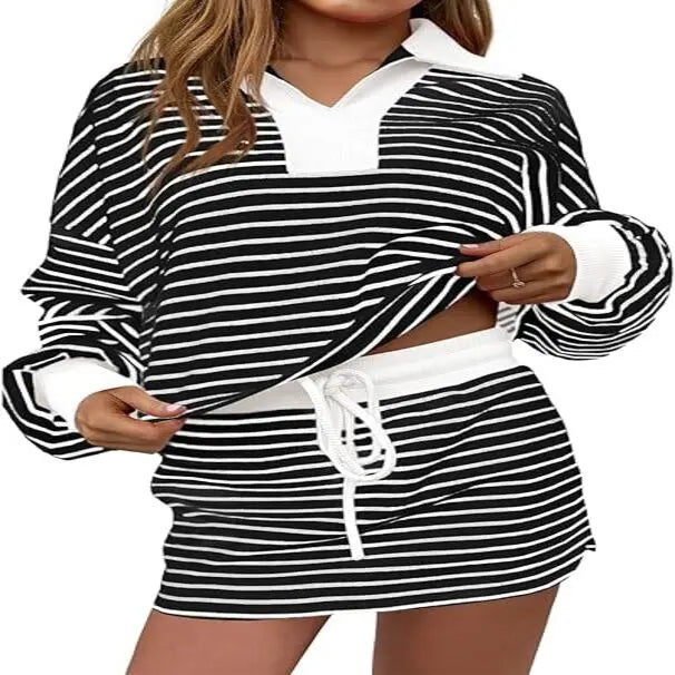 Fisoew Women's Trending Striped 2-Piece Matching Set - Long Sleeve Casual Sweatshirt & Skort, Elastic Fabrics, Elegance, Women's Clothes for Lounge & Workout