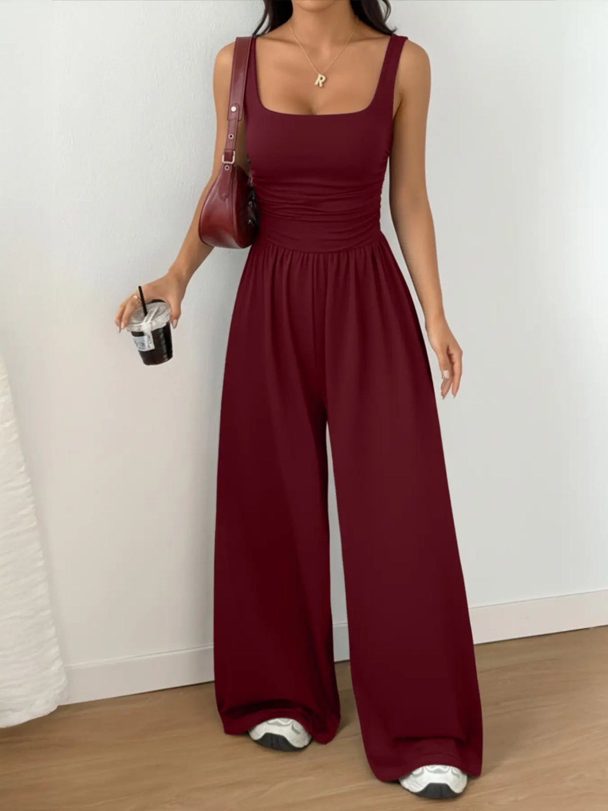 Women's Casual Fit Knitted Solid Square-Neck Jumpsuit, Basic, Fashionable, Comfortable, Soft and Versatile Wide-Leg Jumpsuit, Everyday Womenswear