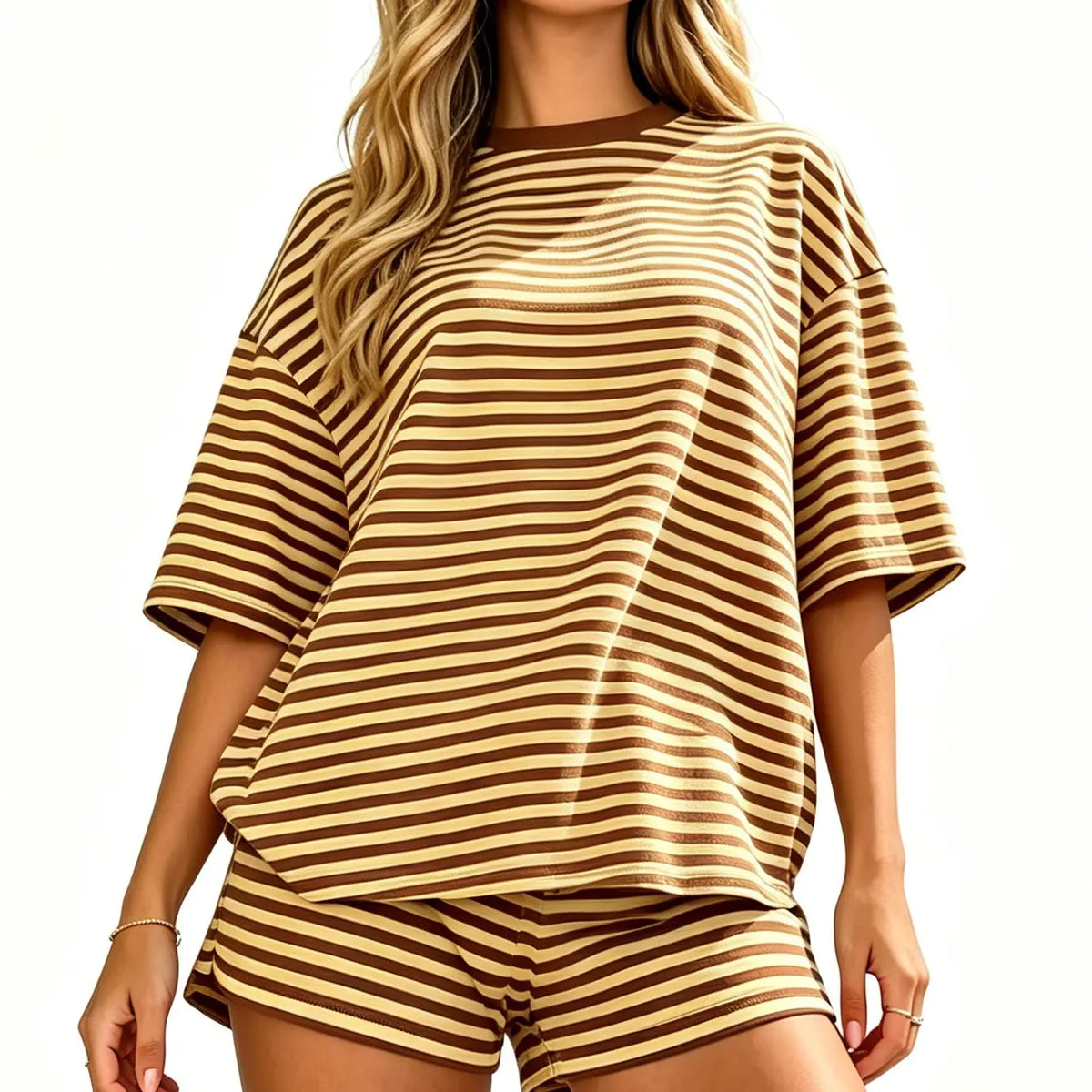 Spring Summer Stripe Print 2 Piece Outfit Women | Oversized T-Shirt + Drawstring Shorts | Soft Casual Lounge Set  for Daily Home Vacation Wear