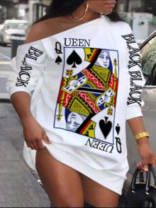 Women's Fashion Graphic Playing Card Print Drop Shoulder Dress, Casual Style One Shoulder Fitted Short Dress for Daily Outdoor Wear, Women's Statement Dress for Spring & Fall, Casual Chic Dress