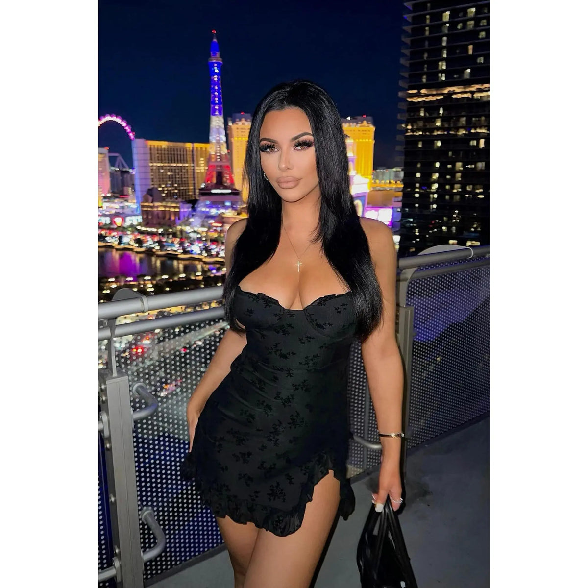 Julia Flocked Mini Dress - Black