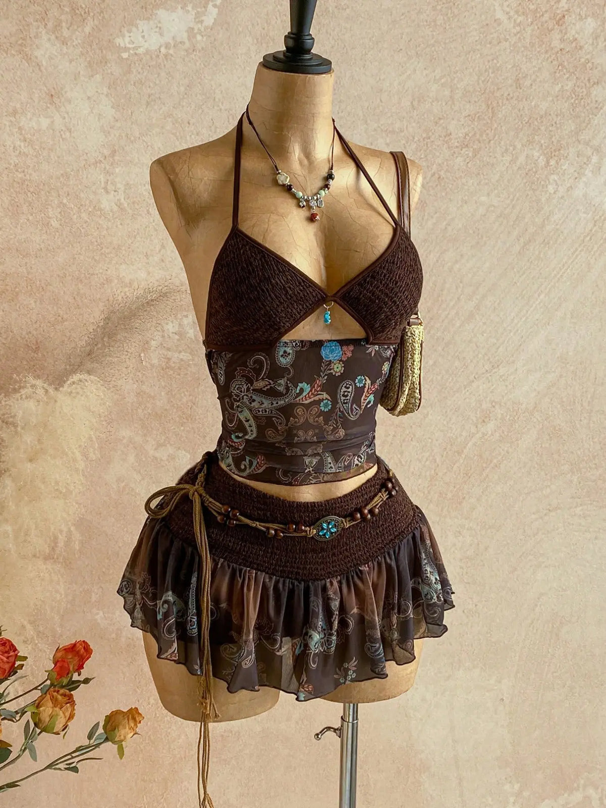 Women's Retro Vintage Paisley Print Crochet Two-Piece Set, Bohemian Boho Halter Crop Top & Ruffled Midi Skirt with Mesh Detail, Y2K Ethnic Style, for Casual, Vacation & Date, Spring/Summer/Fall