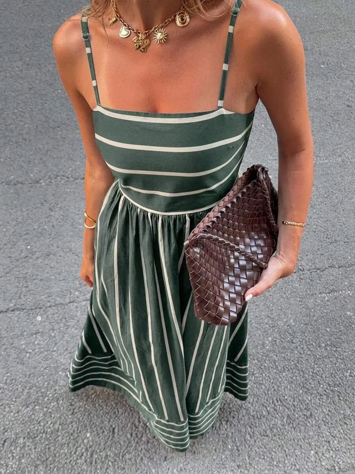 Women's Casual Striped Print Cami Dress, High Waist A-Line Long Dress for Vacation, French Vintage Style, Slim-Fit, Frenchy Style Dress