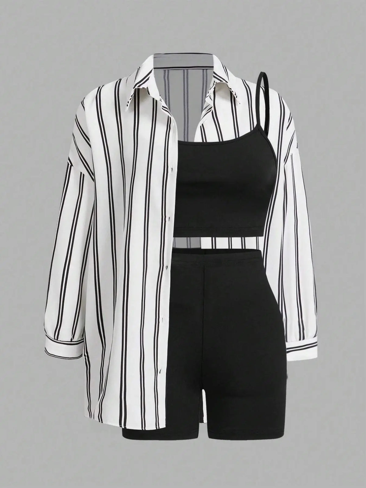 3-Piece Women's Casual Sleeveless Summer Outfit Set, Fitted Shorts and Shirt, Daily Wear and Office, Striped Pattern