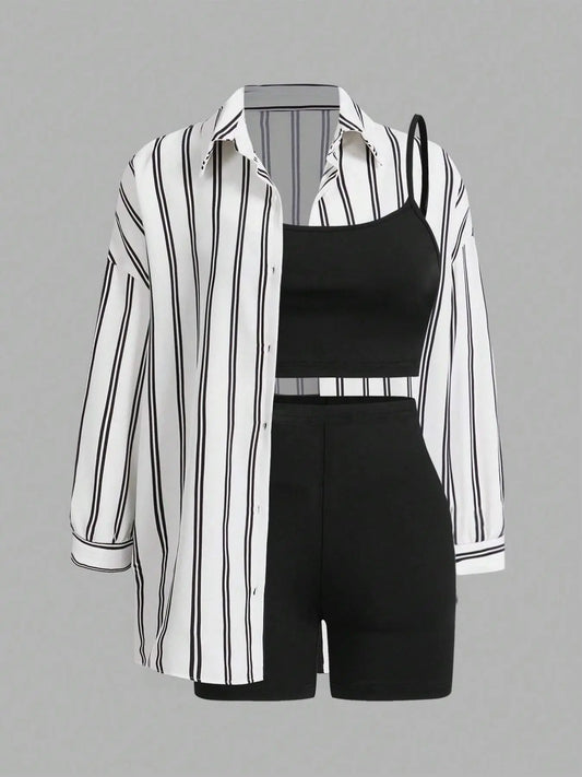 3-Piece Women's Casual Sleeveless Summer Outfit Set, Fitted Shorts and Shirt, Daily Wear and Office, Striped Pattern