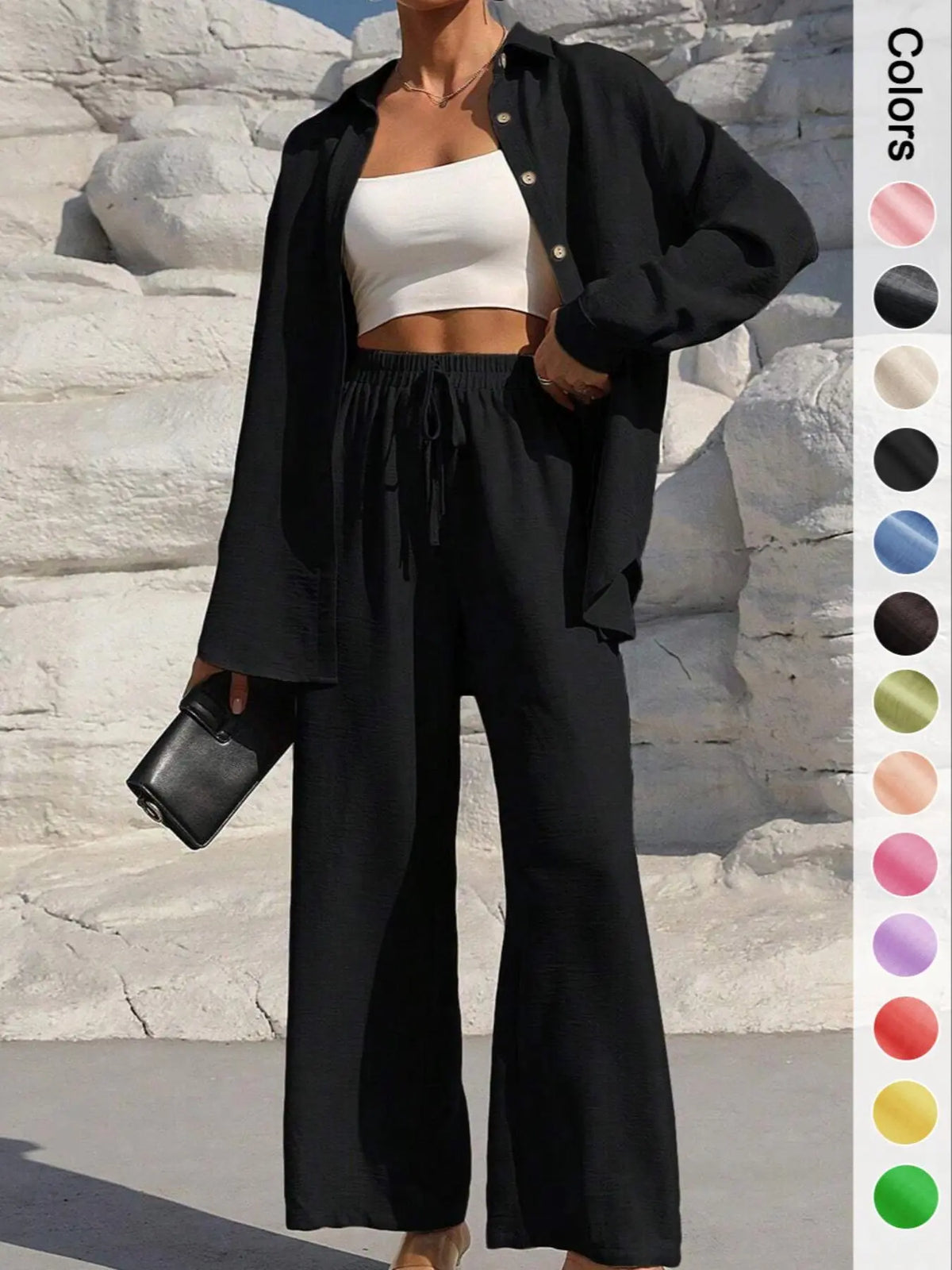 Women's Solid Button Front Shirt & Tie Front Wide Leg Pants Two-piece Set, Casual Drop Shoulder Long Sleeve Top & Trousers 2 Piece Set for Spring & Fall, Women's Clothes for Daily Wear, Casual Outfits Women, Casual Everyday Set