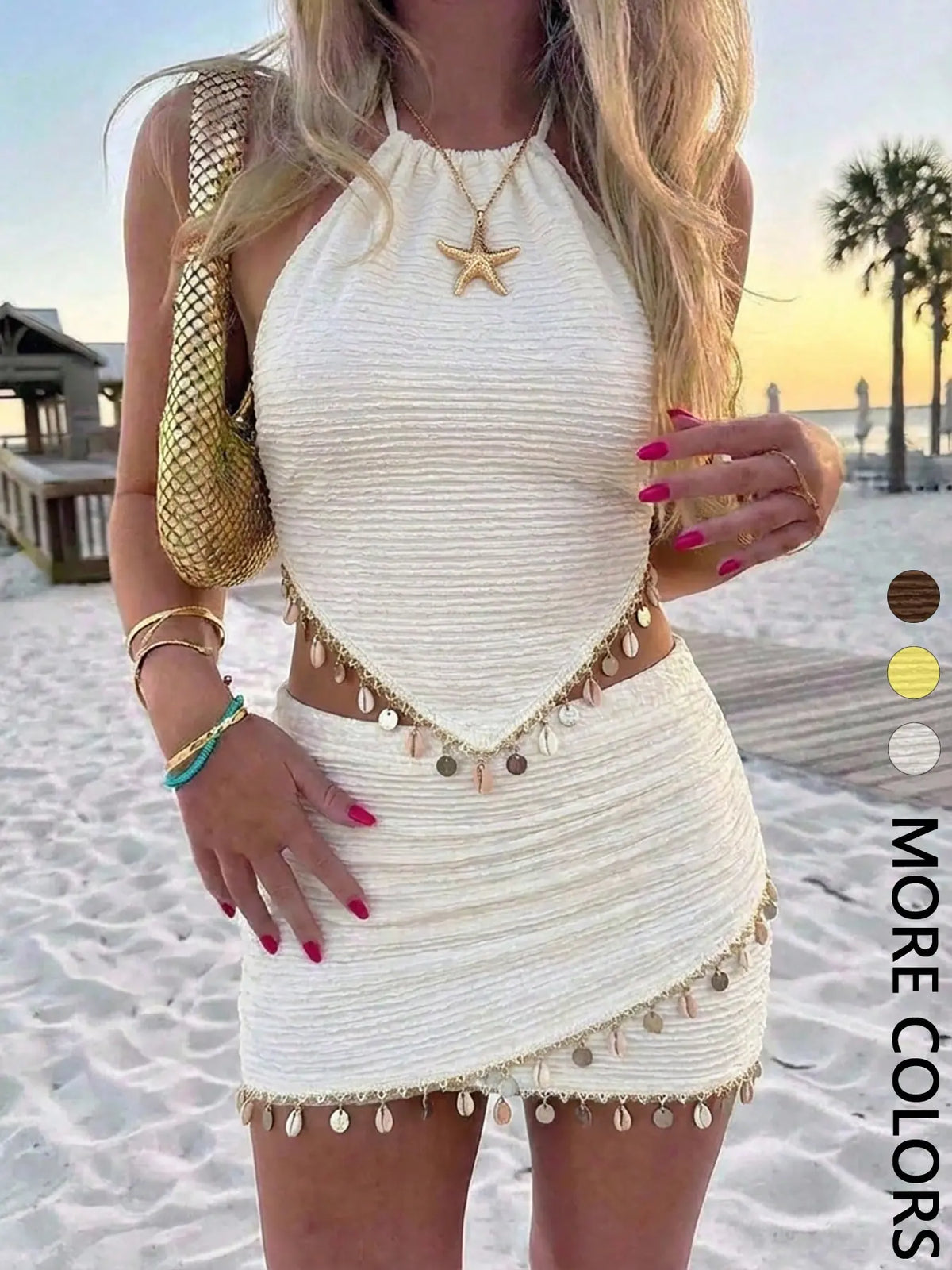 Women's Summer Beach Set, Textured Halter Top with Ruched Short Mini Skirt, Stylish Chic 2-Piece Beachwear Outfit, Perfect for Warm Weather