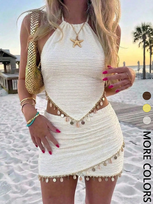 Women's Summer Beach Set, Textured Halter Top with Ruched Short Mini Skirt, Stylish Chic 2-Piece Beachwear Outfit, Perfect for Warm Weather