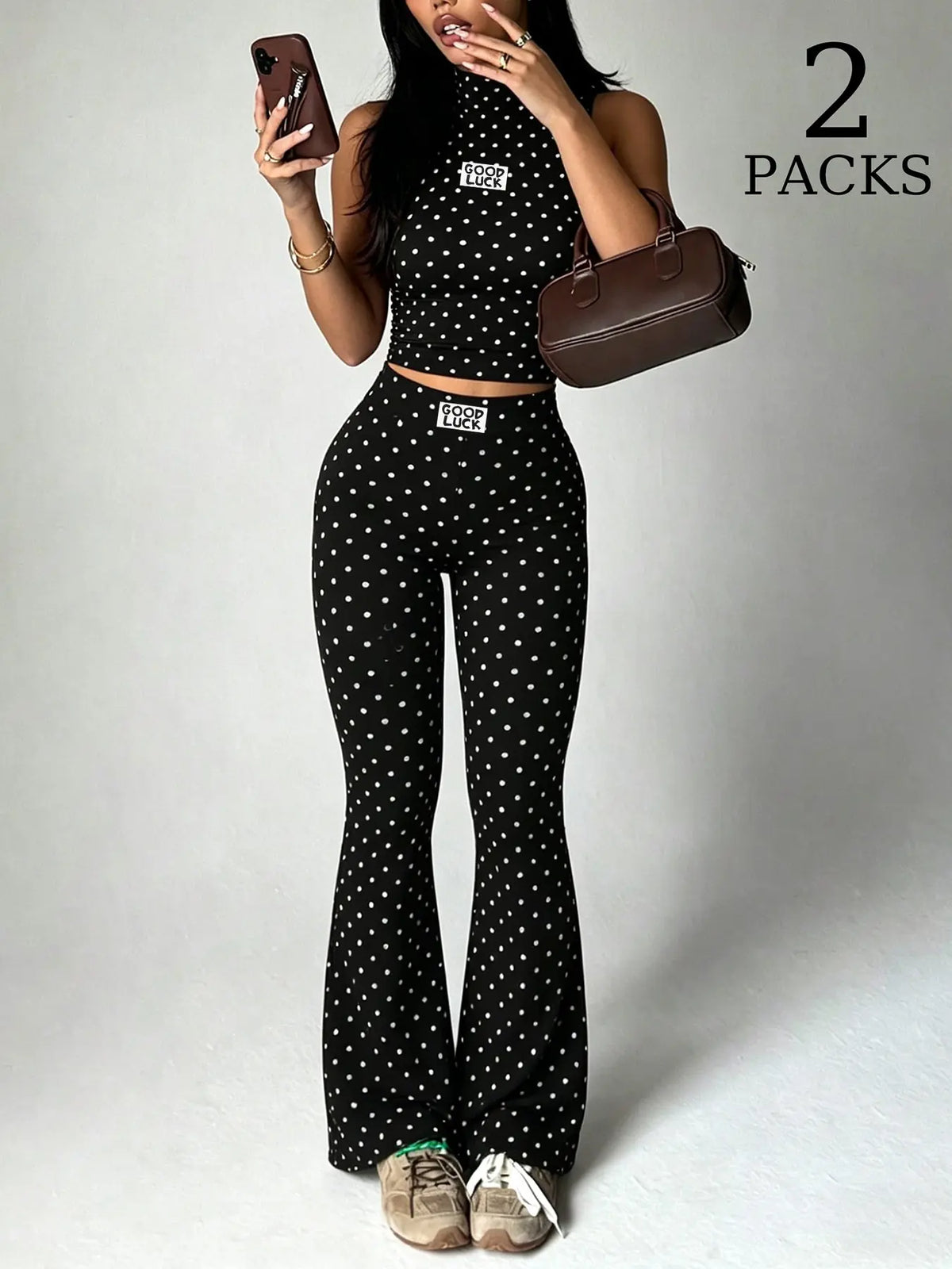 2 Pack Women Polka Dot 2 Piece Outfits, Sleeveless High Neck Crop Top and Flare Leggings Set, Seamless Bodycon Bell Bottom Pants, Trendy Summer Streetwear Outfits, Slim Fit Casual Loungewear for Daily Wear & Going Out Clothes