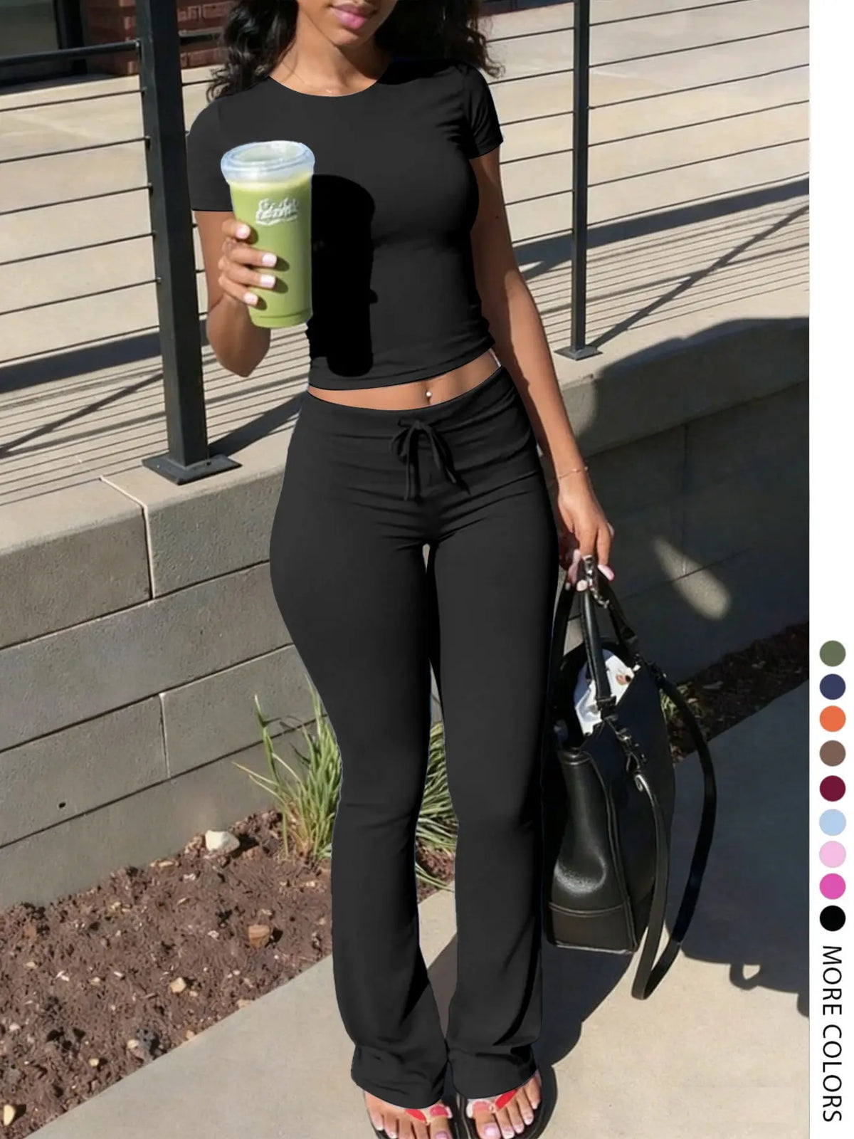 Lw-Sherowear Women's Casual Solid-Color Round-Neck Short-Sleeve T-Shirt & Drawstring Pants Set, Summer Homewear, Daily Wear Set