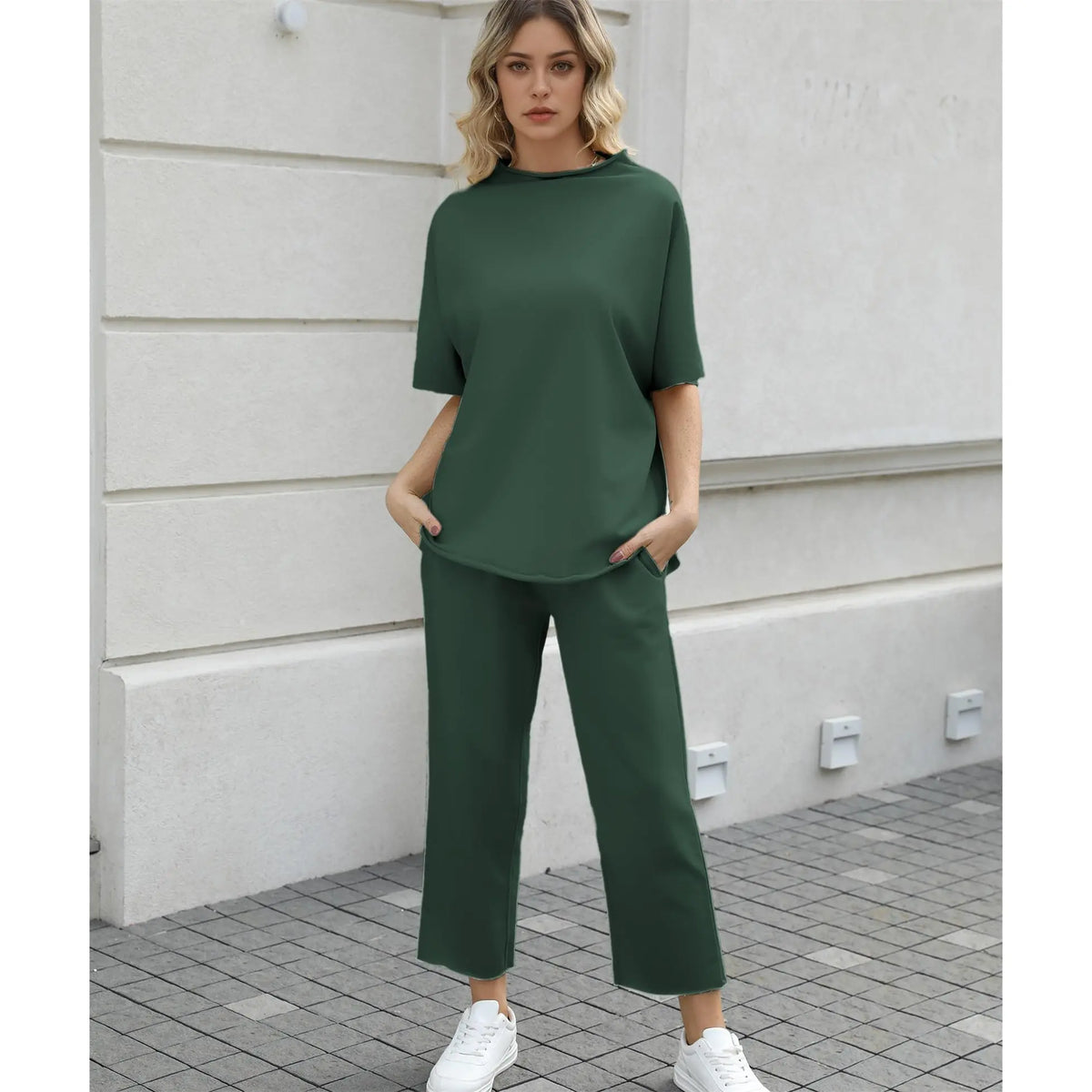 Hixiaohe Women's 2-Piece Casual Trendy Clothing Set - 3/4 Batwing Sleeve Capelet Crew Neck Pullover Top, Wide Leg Pants, Pocket Convenience, Travel-Friendly Sohochic Soft Women's Suits & Sets