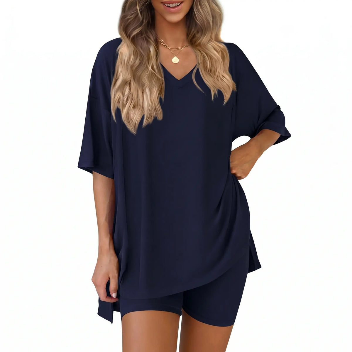 Women's 2 Piece Outfits Summer V Neck Oversized Short Sleeve T Shirt and Biker Shorts Lounge Sets Casual Activewear Tracksuits