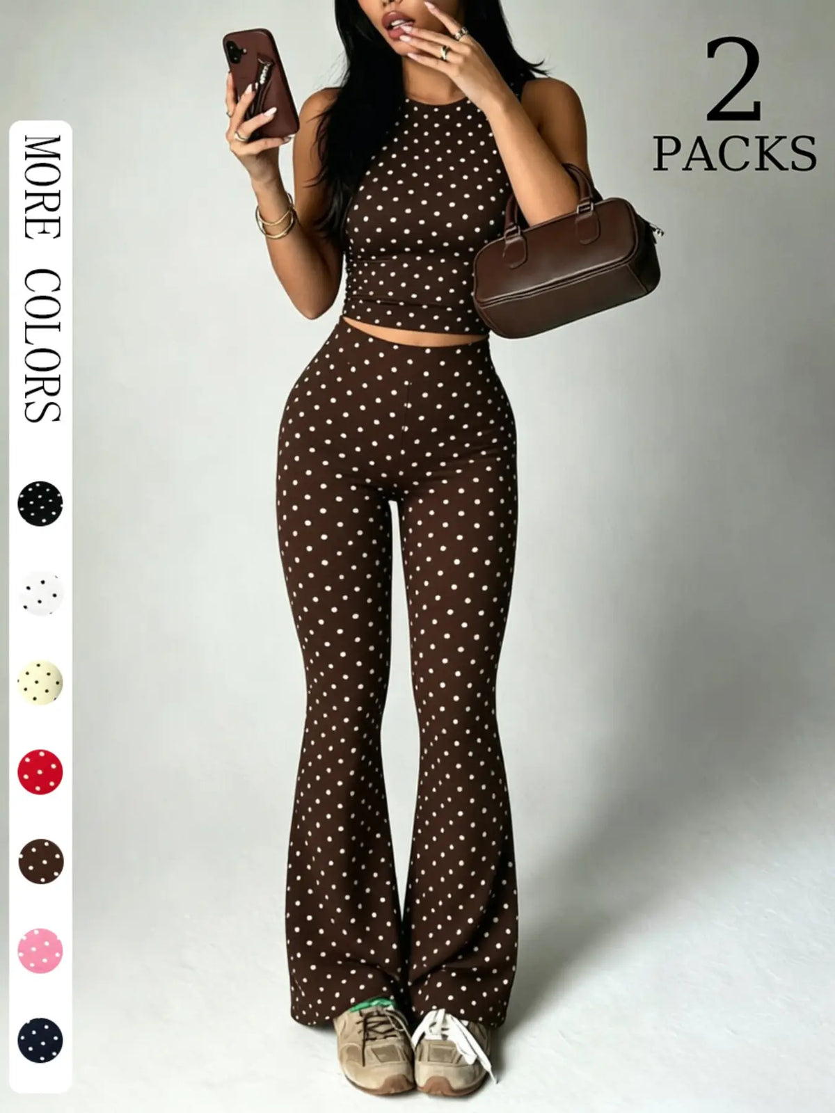 2 Pack Women Polka Dot 2 Piece Outfits, Sleeveless High Neck Crop Top and Flare Leggings Set, Seamless Bodycon Bell Bottom Pants, Trendy Summer Streetwear Outfits, Slim Fit Casual Loungewear for Daily Wear & Going Out Clothes