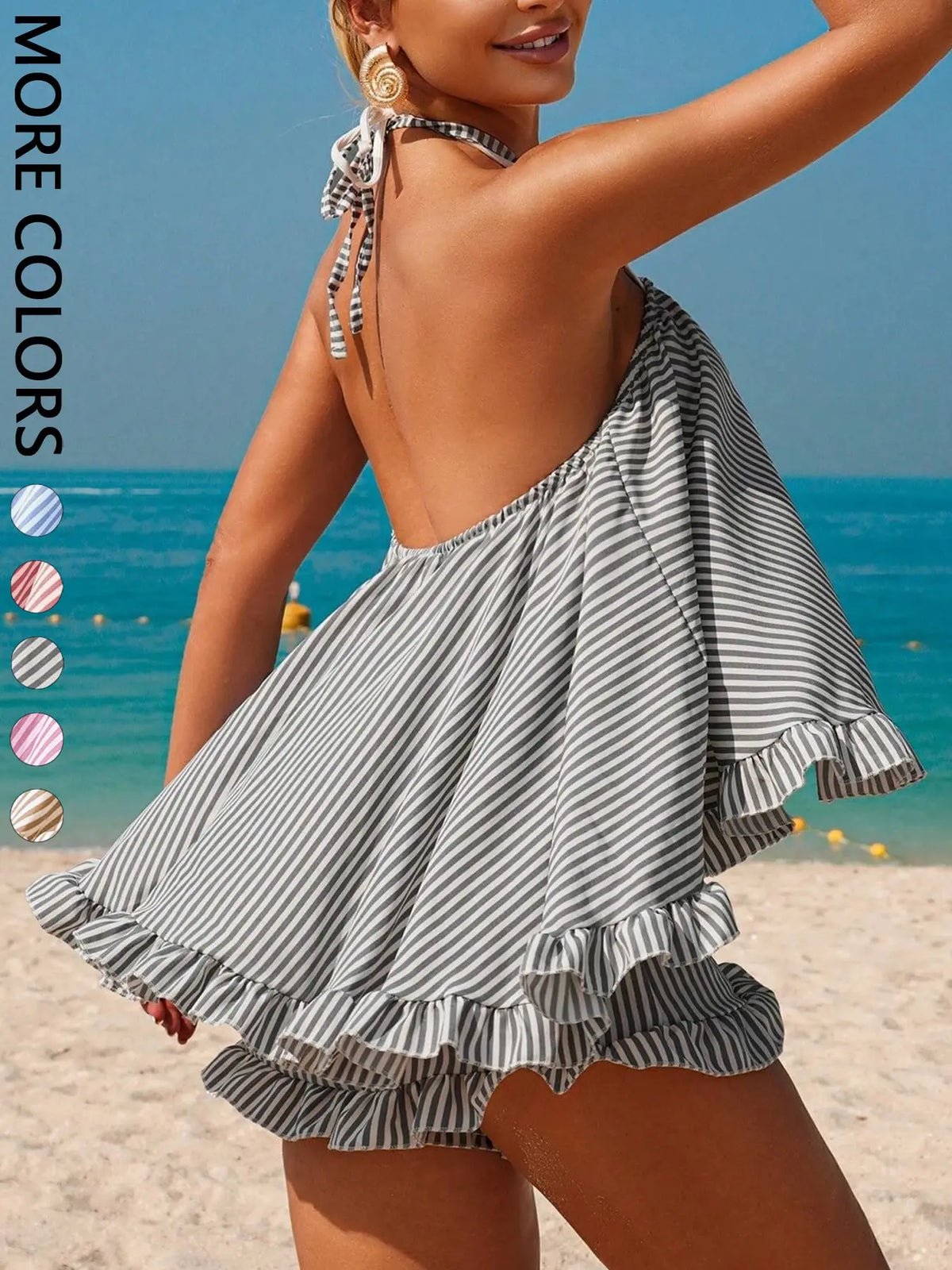 Women's Summer Holiday Beach Set Clothes, French Chic Casual Striped Halter Neck Sleeveless Top and Shorts, Loose-Fitting, Floral Hem, Two Ways to Wear