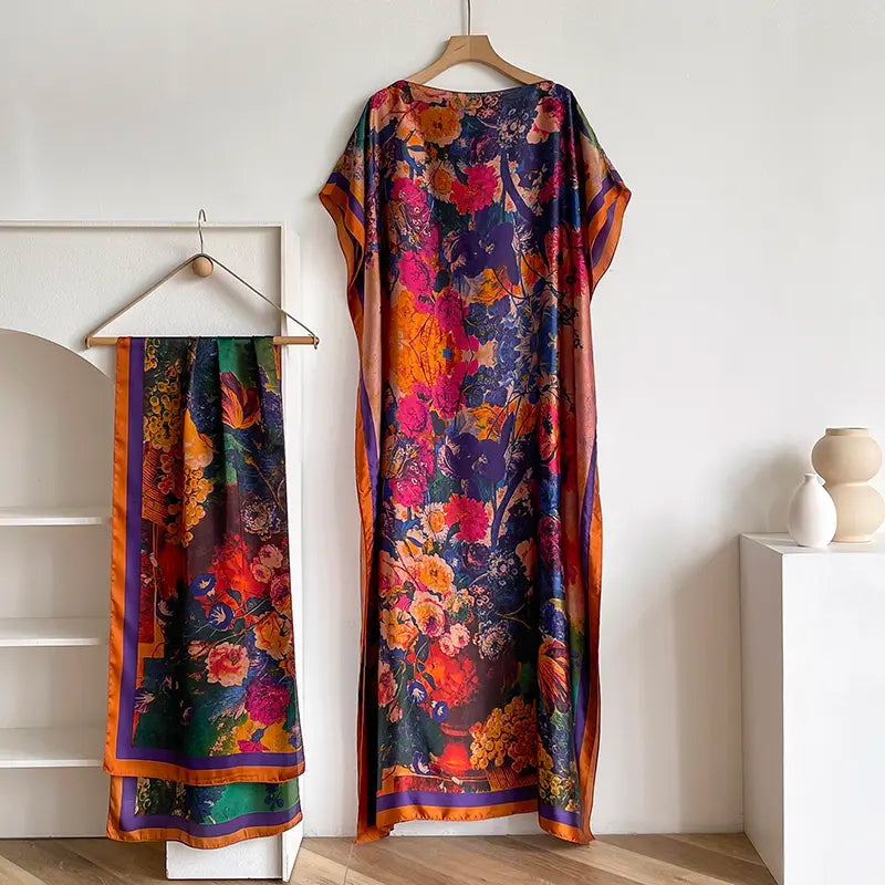 Women's 2-Piece Essential Bohemian Robe Set - Casual Matching Floral Print Long Dress, Headscarf Hairband, Beach Shawl Accessory, All-Season Boho Elegance
