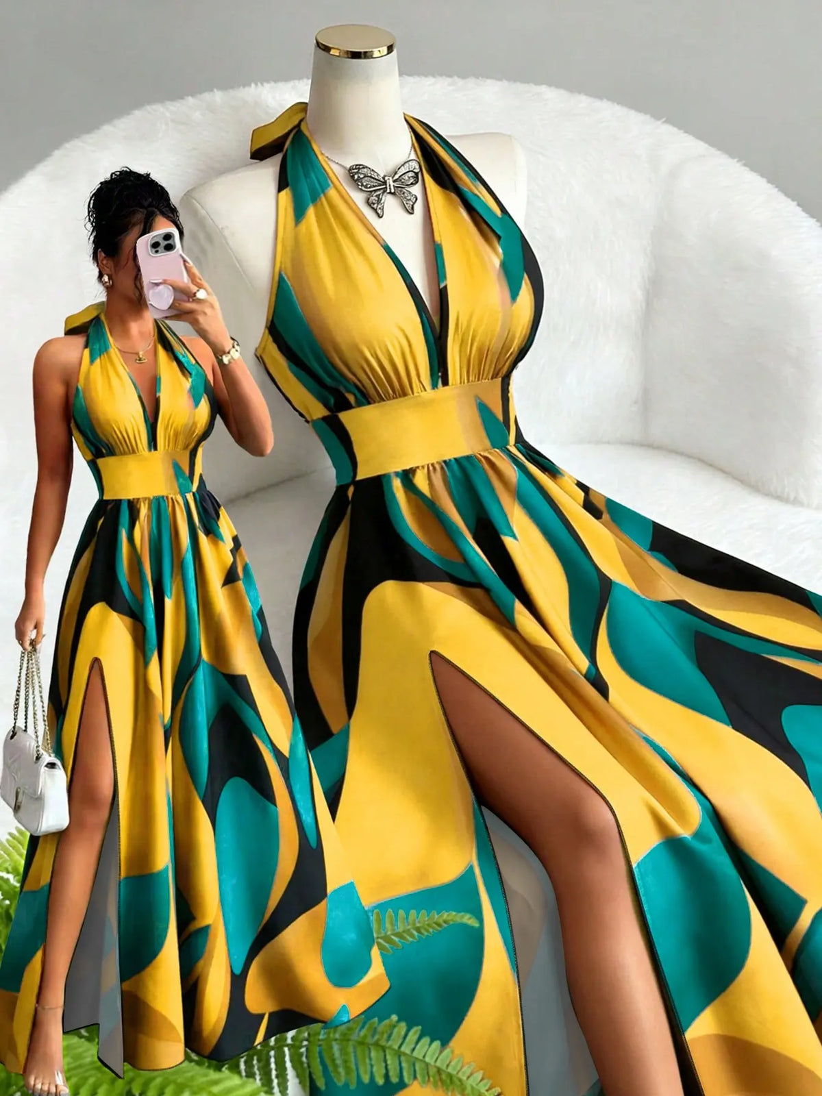 Printed Halter Long Dress, Deep V Neck Split Dress, Vintage Style, Sleeveless Backless, Beach Vacation, Summer New Arrival, Ff2608, Summer Dresses