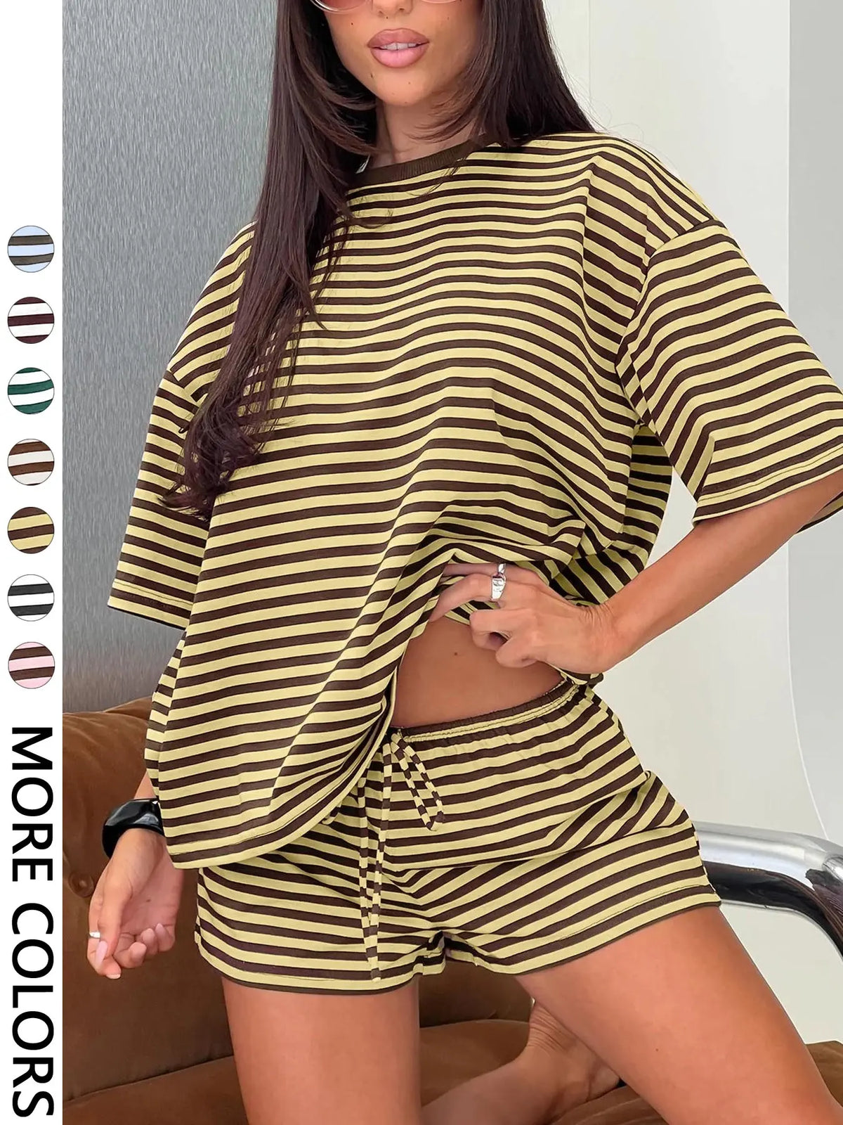 Women's Striped 2 Piece Outfit Women | Oversized T-Shirt + Drawstring Shorts | Soft Casual Lounge Set | Y2K Clean Girl Style for Daily Home Vacation Wear Shorts Matching Set