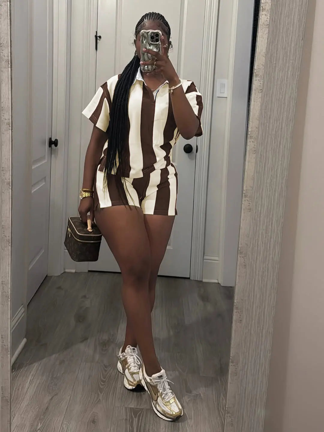 USBOUTIQUE CHIC Women's 2026 Spring Two Piece Set Striped Short Sleeve Top & Drawstring Shorts Casual Outfit for Comfort