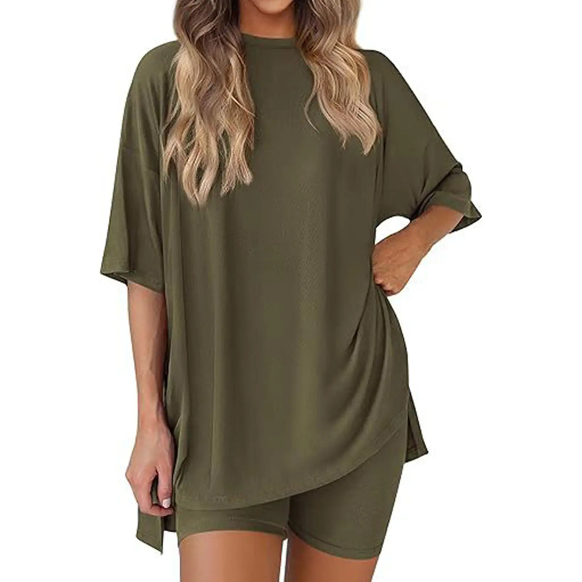 Women's 2-Piece Pajama Set, Loose-Fit Short Sleeve Crew Neck Top and Fitted Biker Shorts, Solid Color Polyester Spandex Loungewear