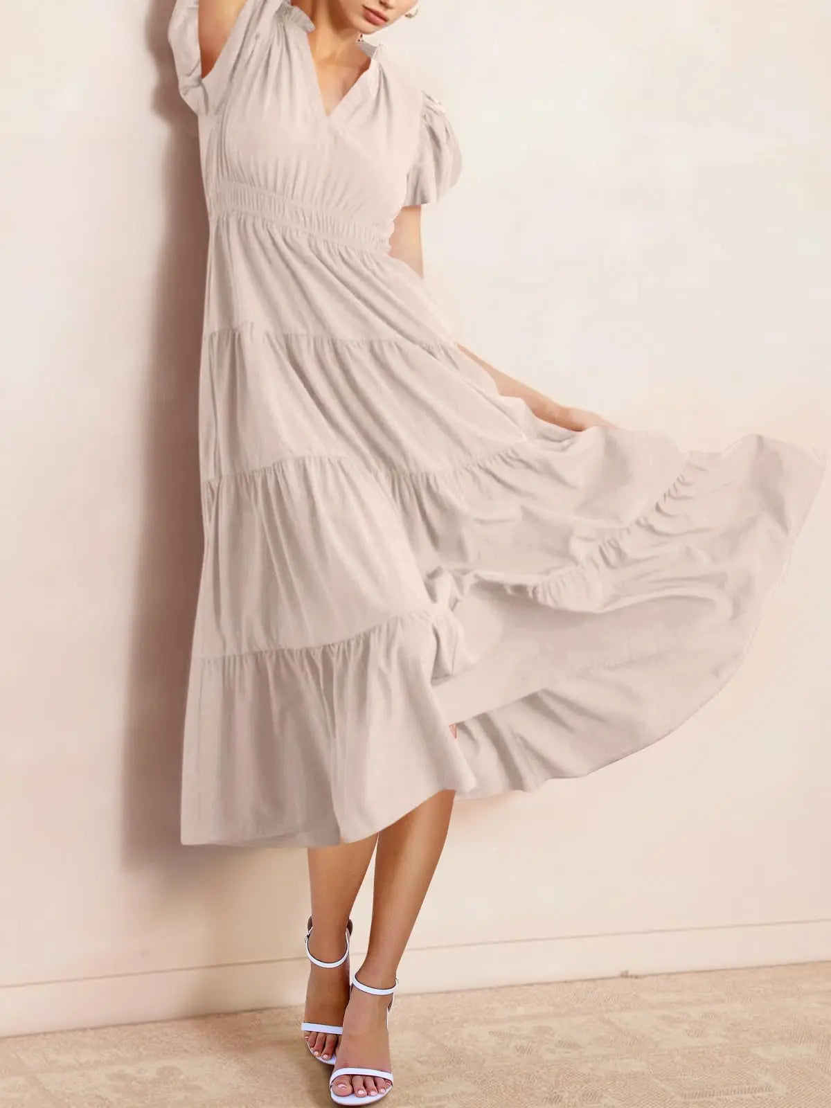 Wenrine Women's Woven Casual Summer Dress - Deep V-Neck, Puff Short-Sleeves, Elastic, Comfortable, Flowy Tiered A-Line Midi, Beach Wear