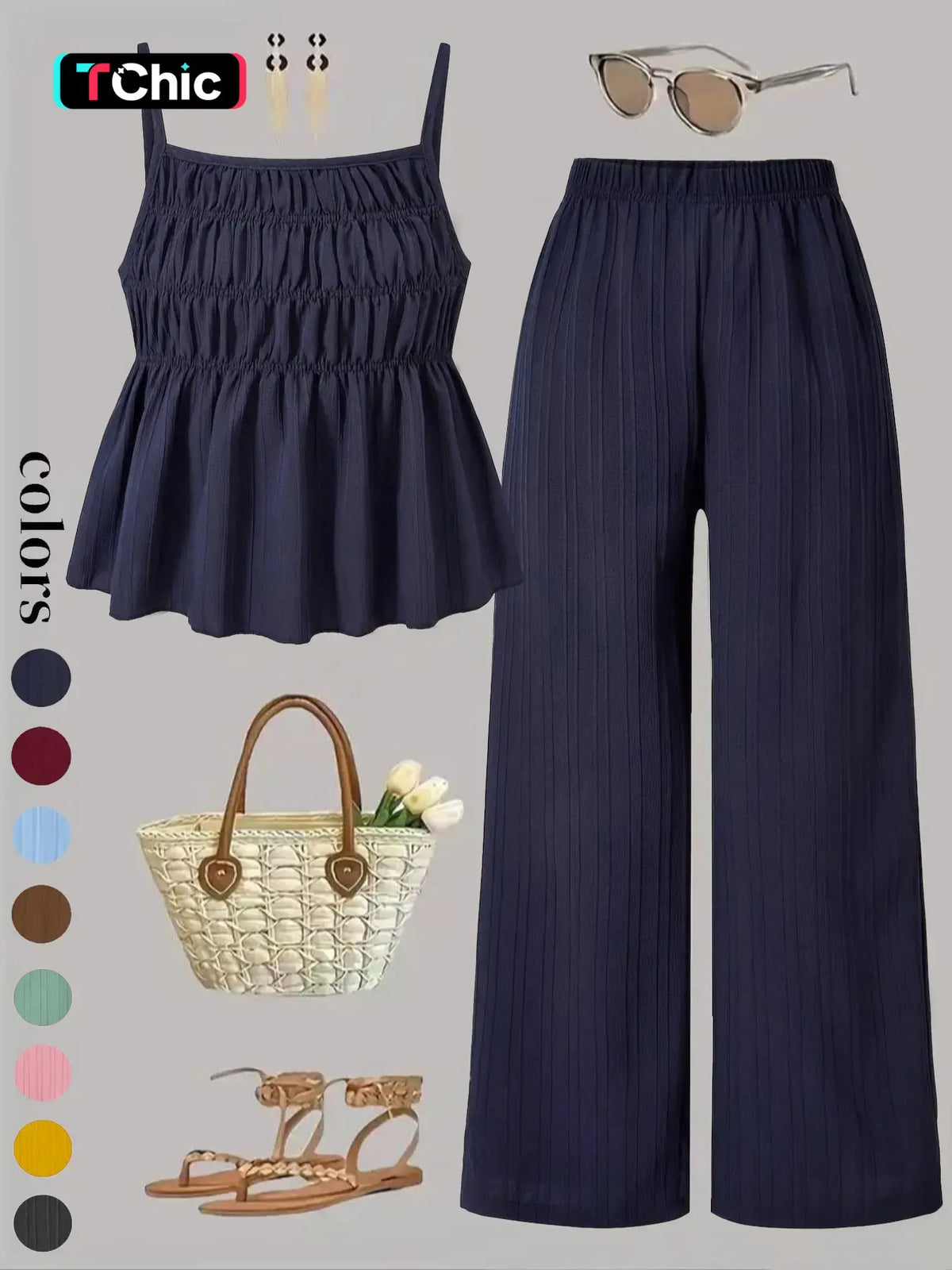 Two-Piece Set Women's Solid Color Cami Top & Wide Leg Pants Set, Street Fashion Casual Everyday Set Outfits for Daily Outdoor Wear, Ladies Clothes for All Seasons