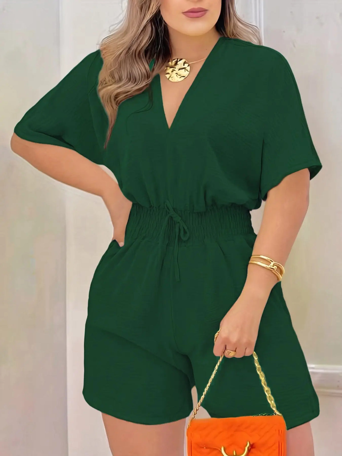 Women's Plain Drawstring Shirred Waist V Neck Romper, Casual Half Sleeve Zipper Back High Waist Romper for Summer, Fashion Women's Clothing for Daily Wear, Casual Rompers