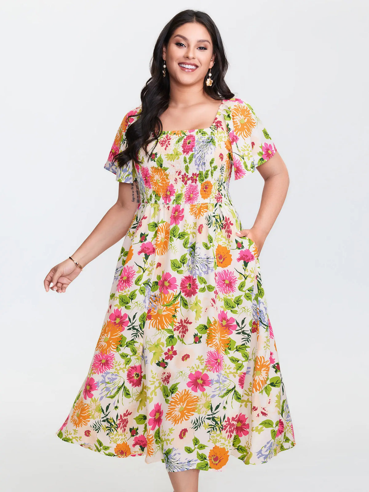BloomChic Plus Size Women's Bohemian Boho Fashion Casual Dress - Square Neck, Short Ruffle Sleeves, Shirred Waist, Low-Iron Spandex-Elastane-Polyester Fabric, Summer Midi Dress