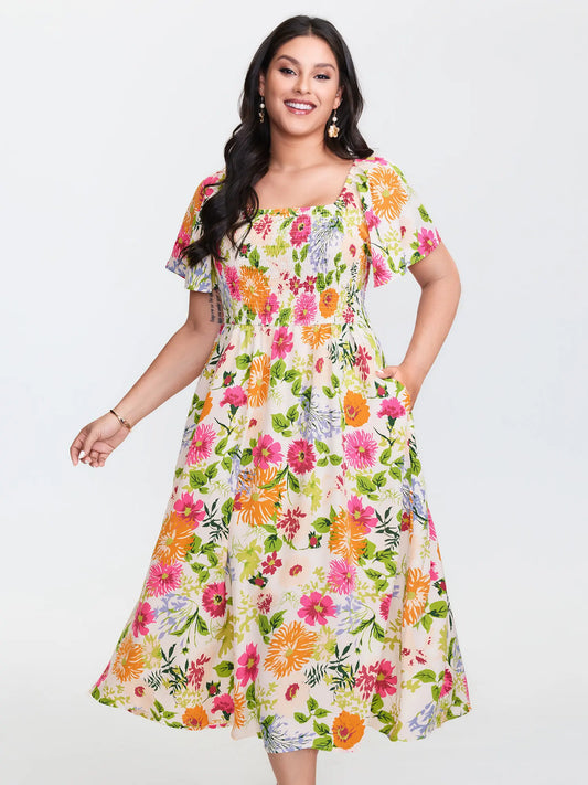 BloomChic Plus Size Women's Bohemian Boho Fashion Casual Dress - Square Neck, Short Ruffle Sleeves, Shirred Waist, Low-Iron Spandex-Elastane-Polyester Fabric, Summer Midi Dress