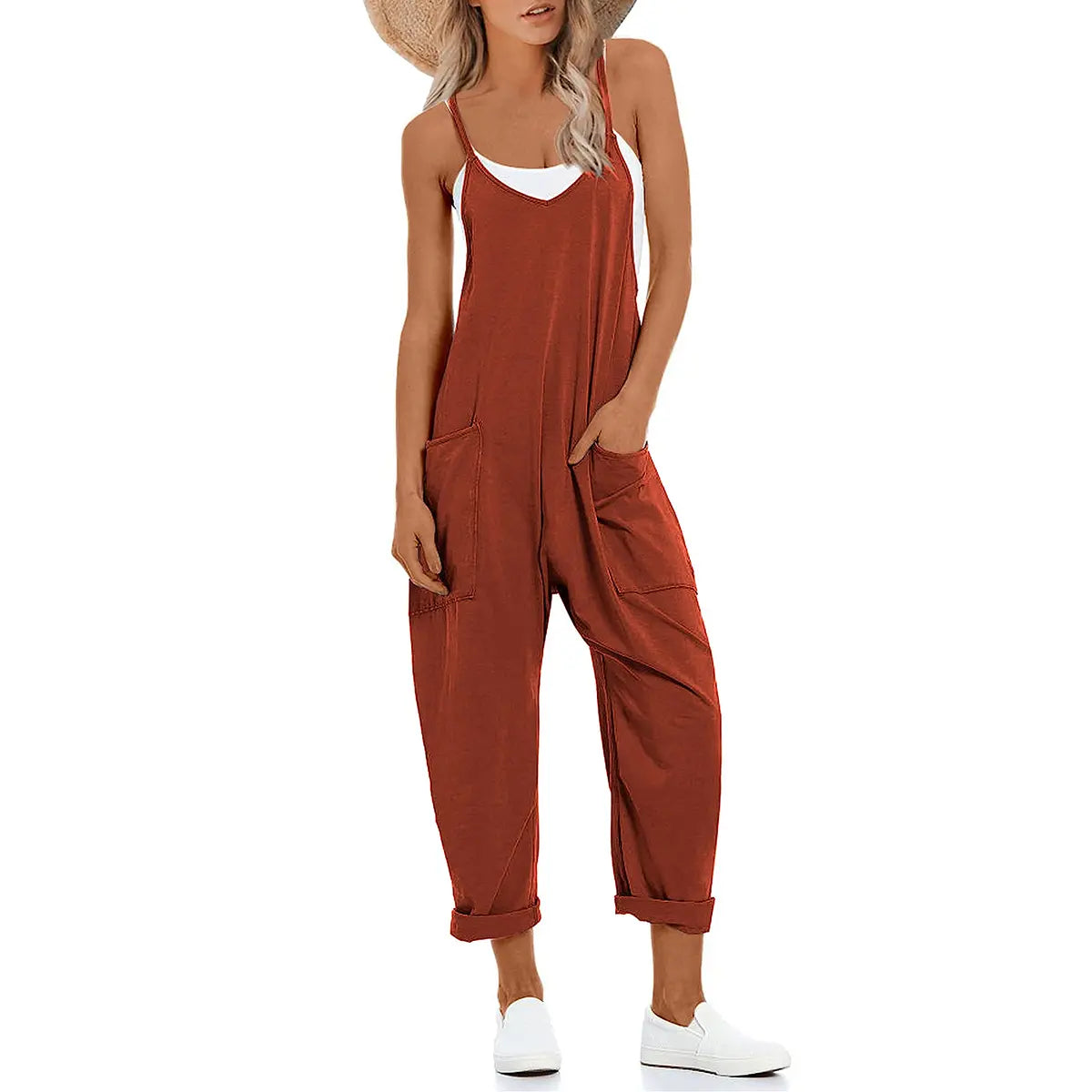 Tanming Lady's Casual Strappy V-Neck Sleeveless Harem Overalls - Stretchy Adjustable Strap Romper with Pockets, Fashion Apparel Clothing for Women, Spring-Summer Statements, Women's Clothes, Clothes For Women