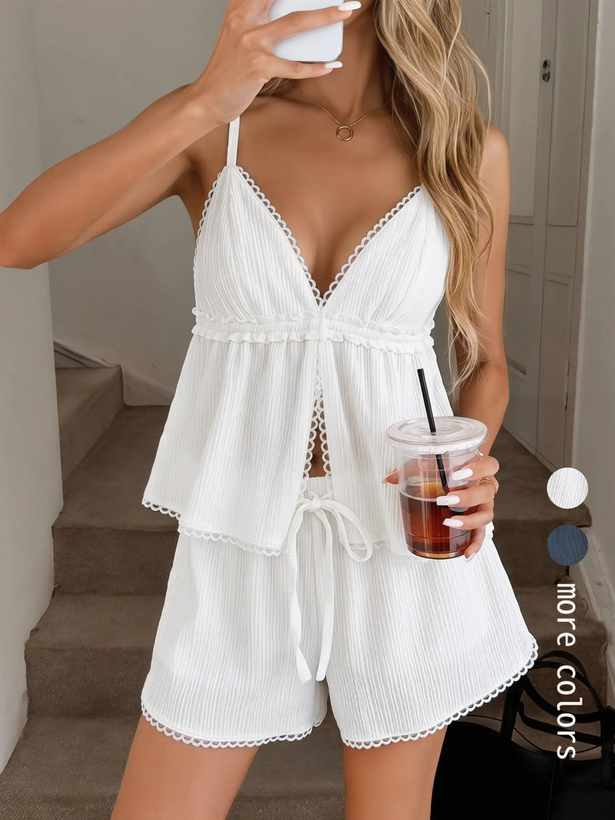 Women's Boho Bohemian White Beach Outfit, 2-Piece Set with Sleeveless Ruffled Camisole Top and Shorts, Lightweight Breathable Summer Vacation Womenswear