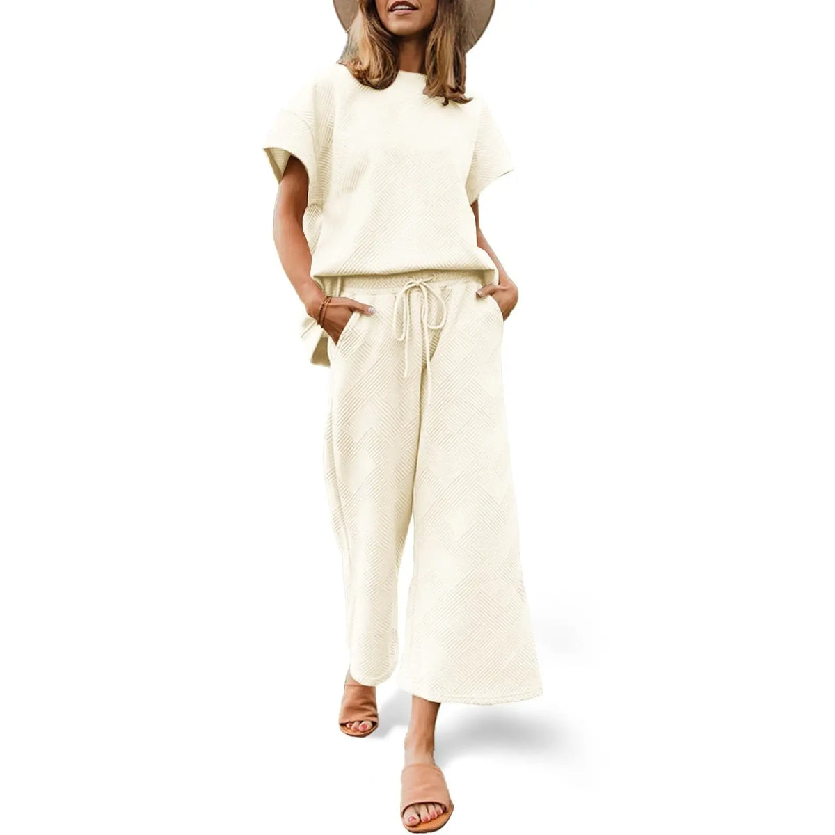 FISOEW Women's 2-Piece Basic Matching Set - Soft Cozy Textured Casual Loungewear Nightwear, Short Sleeve Top & Drawstring Cropped Wide Leg Pants (Women's Clothes)