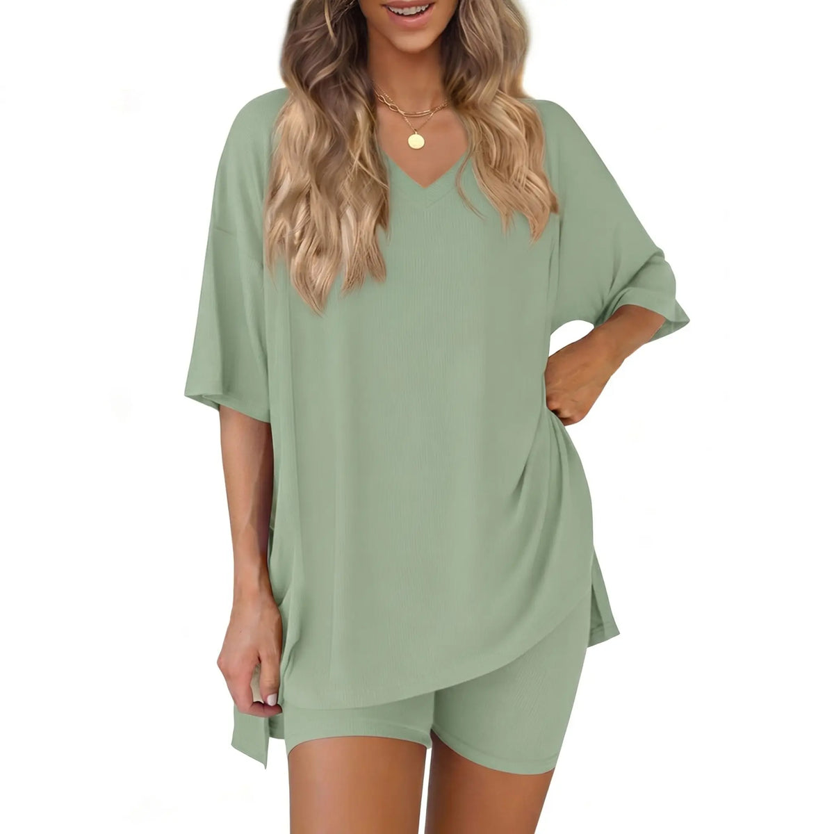 Women's 2 Piece Outfits Summer V Neck Oversized Short Sleeve T Shirt and Biker Shorts Lounge Sets Casual Activewear Tracksuits