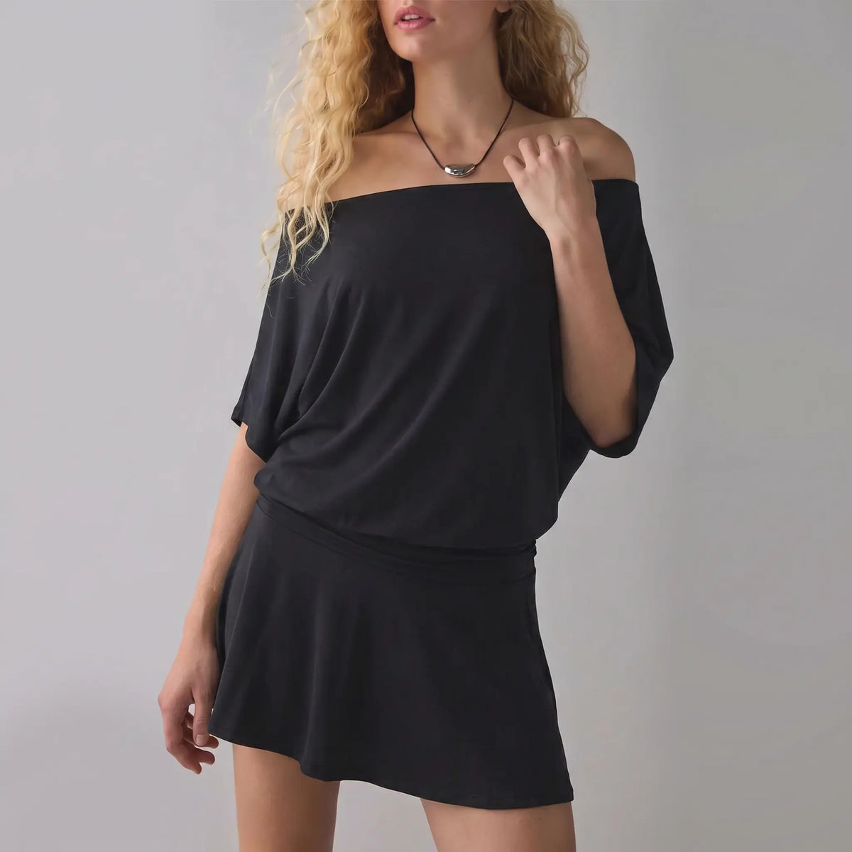FISOEW Women's Casual Black Striped Draped Off-The-Shoulder Mini Dress - 2026 Spring Summer Breathable Basic Fabric, Fit Style, Ideal for Beach Vacations & Parties, Women's Clothes, Plus Size Clothes