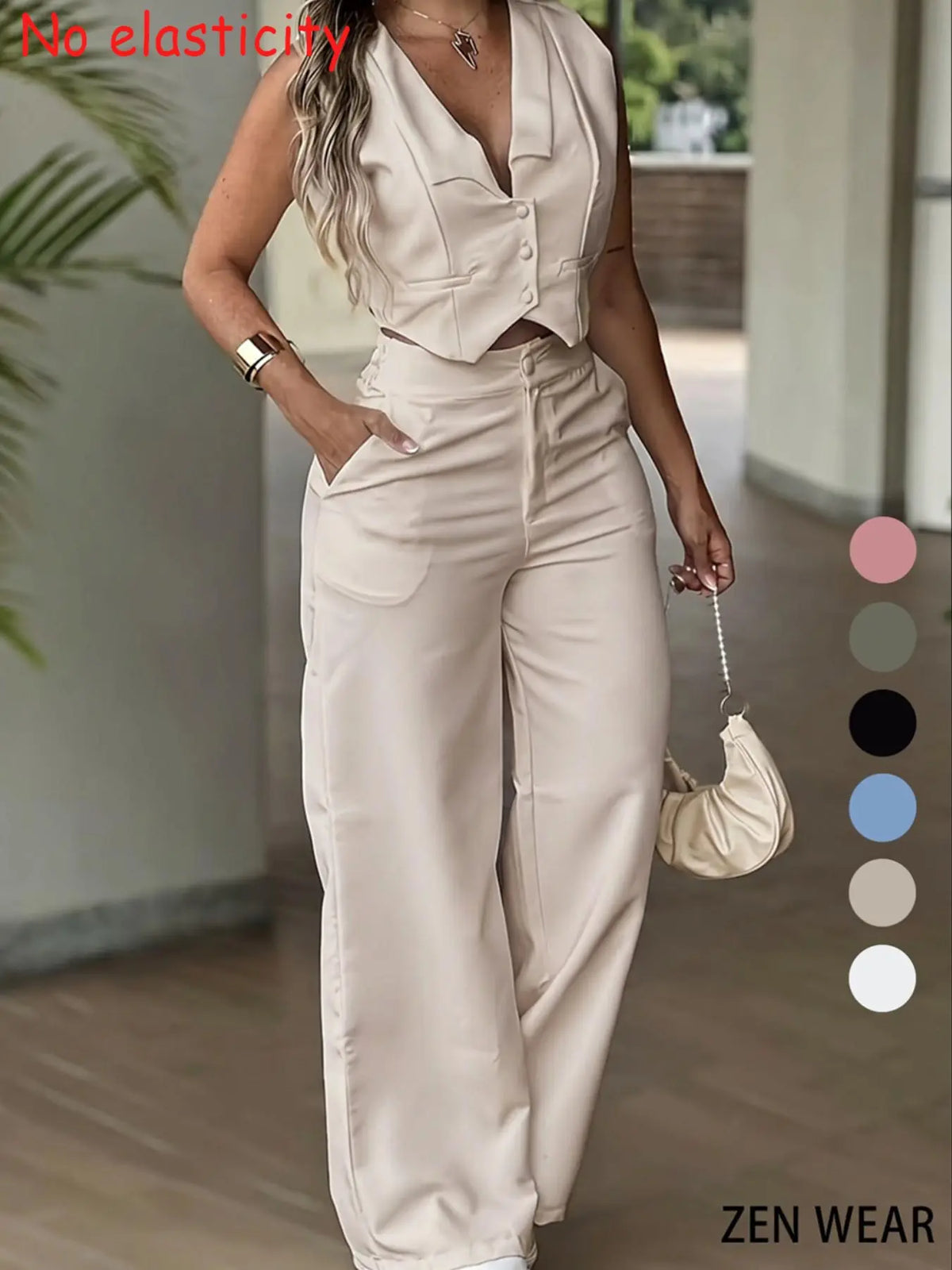 New Women's Pants Set, Sleeveless Fitted Waist Cinching Vest Set, Wide Leg Pants, Minimalist Elegant Office Lady Commuter Two-Piece Suit, Coordinate Set Elegant