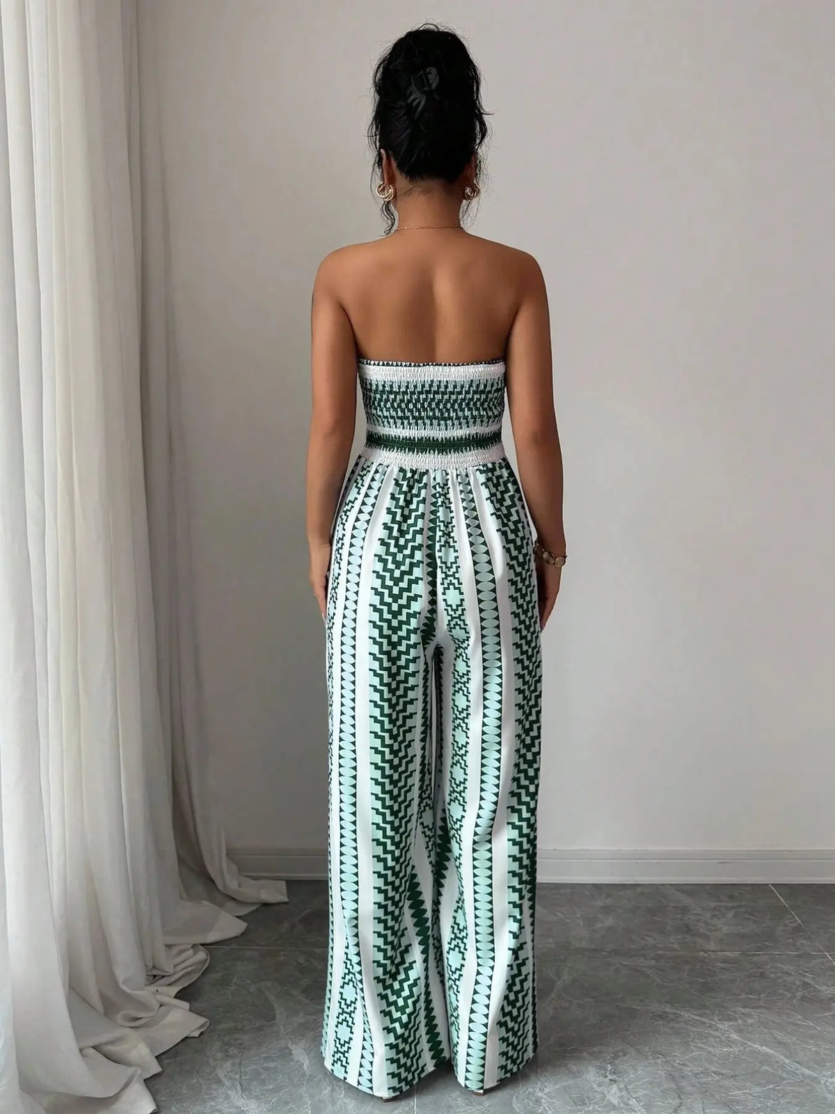 Breathable Flowy Wide Leg Geometric Printed Jumpsuit, Sleeveless Boho Style, Fit, High Waist, Leaf Print, Split Thigh Slit, Perfect for Beach, Work, Date Night