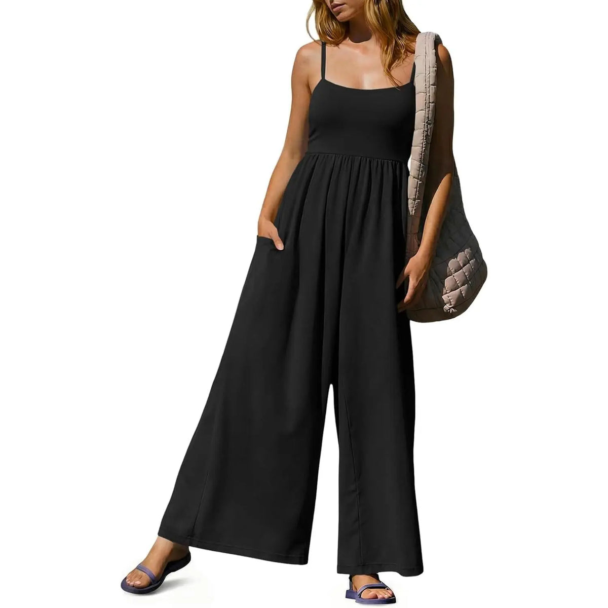 Imily Bela Womens Summer Jumpsuits One Piece Casual Loose Overalls Spaghetti Strap Wide Leg Rompers with Pockets Workout Outfits