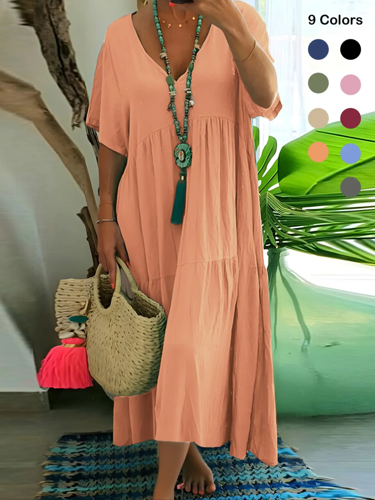 Plus Size Women's Summer Casual Loose V-Neck Plain Long Dress Bohemian Boho Style, Short Sleeve, Tiered Layer, Spring & Fall Fashion