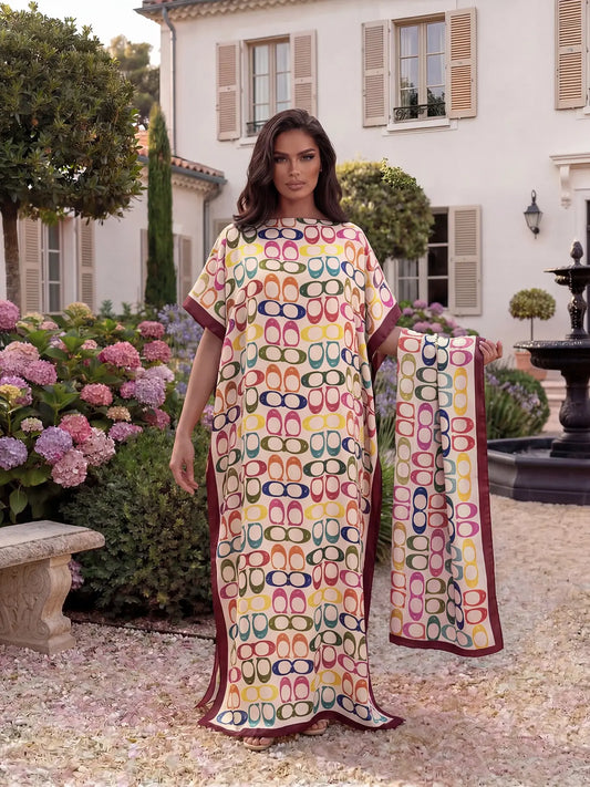 Women's Elegant Chic Geometric Print Robe Set, Casual Fitted Long Dress & Scarf, Beach Resort Wear Sun Protection Satin Matching Set Shawl