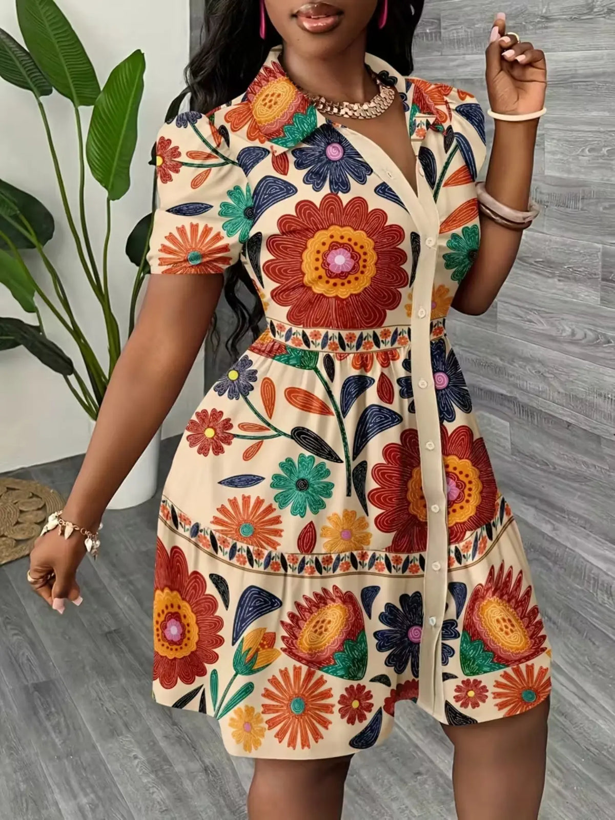 Women's Boho Style Colorful Print Dress, Short Sleeve Button Design Layered Dress, Knee Length, Loose-Fit, Beach Vacation Casual Wear, Bohemian Style Sundresses