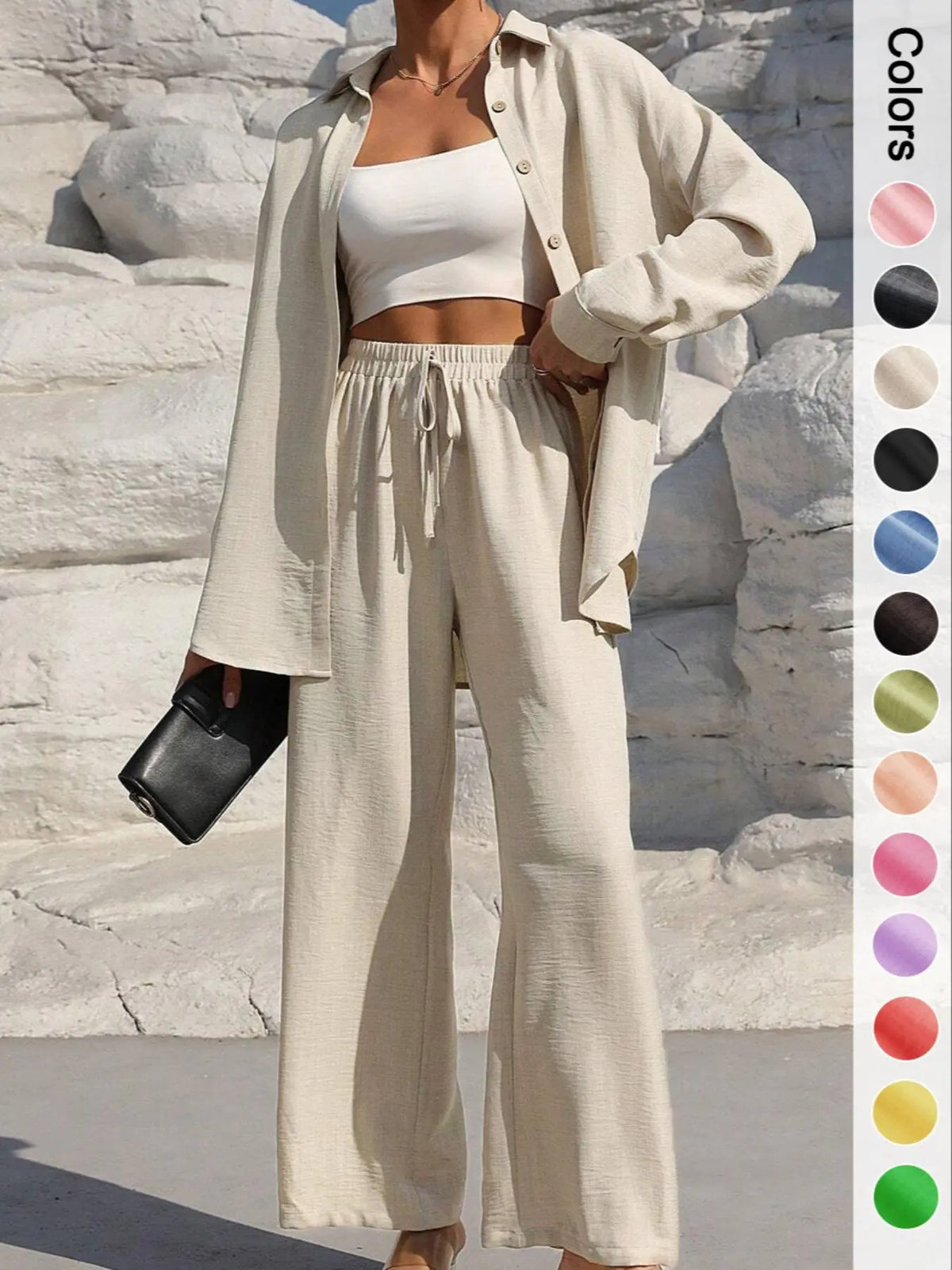 Women's Solid Button Front Shirt & Tie Front Wide Leg Pants Two-piece Set, Casual Drop Shoulder Long Sleeve Top & Trousers 2 Piece Set for Spring & Fall, Women's Clothes for Daily Wear, Casual Outfits Women, Casual Everyday Set