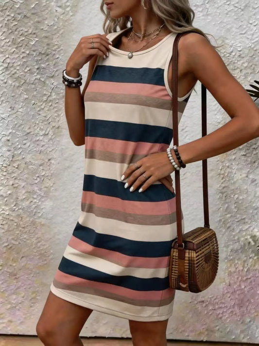 Women's New Stylish Striped Print Round Neck Sleeveless Knitted Dress, Casual Summer Dresses, Summer for Beach & Vacation, Casual Wear, Breathable Comfortable Fabric, Beach Travel Dress