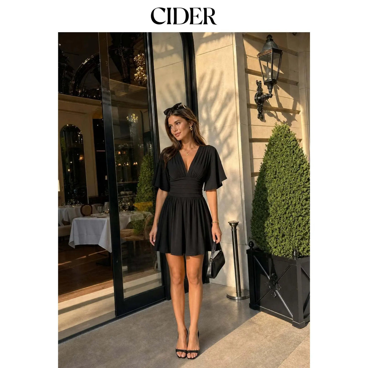Cider Textured V-neck Ruched Mid Rise Bell Sleeve Ribbed Fabric Romper with Pockets Womenswear Basic Minimalist Jumpsuit
