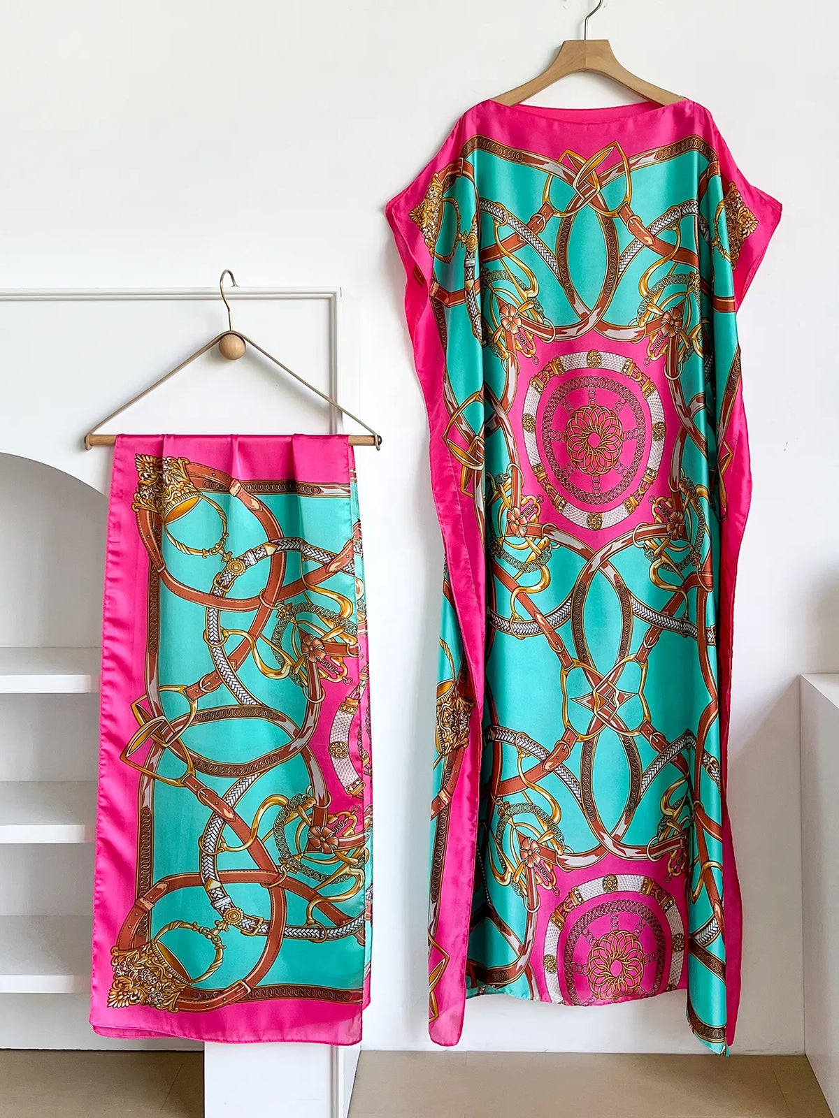 Elegant Dopamine Color Set, Boho Summer Chain Print Muumuu Long Dress Robe, Women's Sun Protection Satin Scarf Shawl