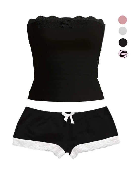 Women's Lace Crop Top Shorts Set with Bow Decor, Y2K Style, Slim-Fitting, Plain Colorblock Design, Short Length, Perfect for Casual Wear, Feminine
