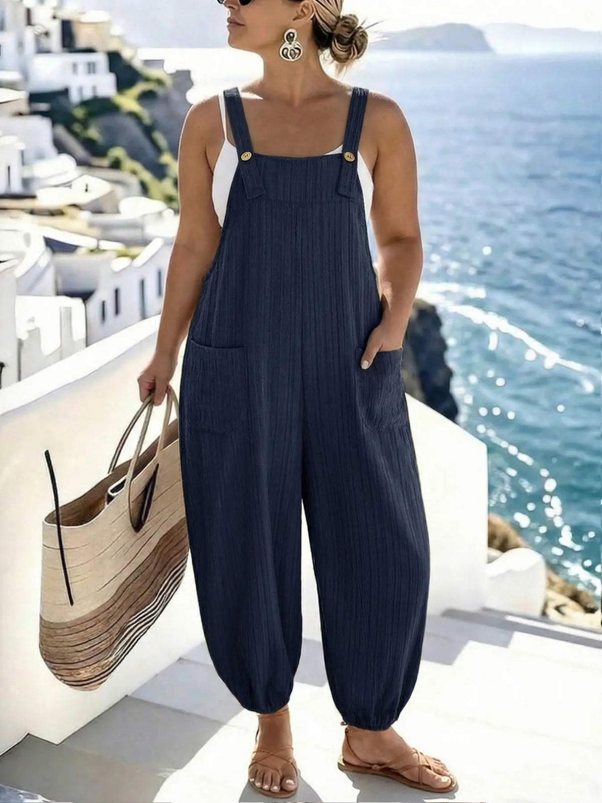 [Plus Size] Geometric Fitted Overalls Jumpsuit, Casual Comfy Sleeveless Jumpsuit for Daily Wear, Women's Plus Womenswear Clothing for All Seasons, Overall Jumpsuits