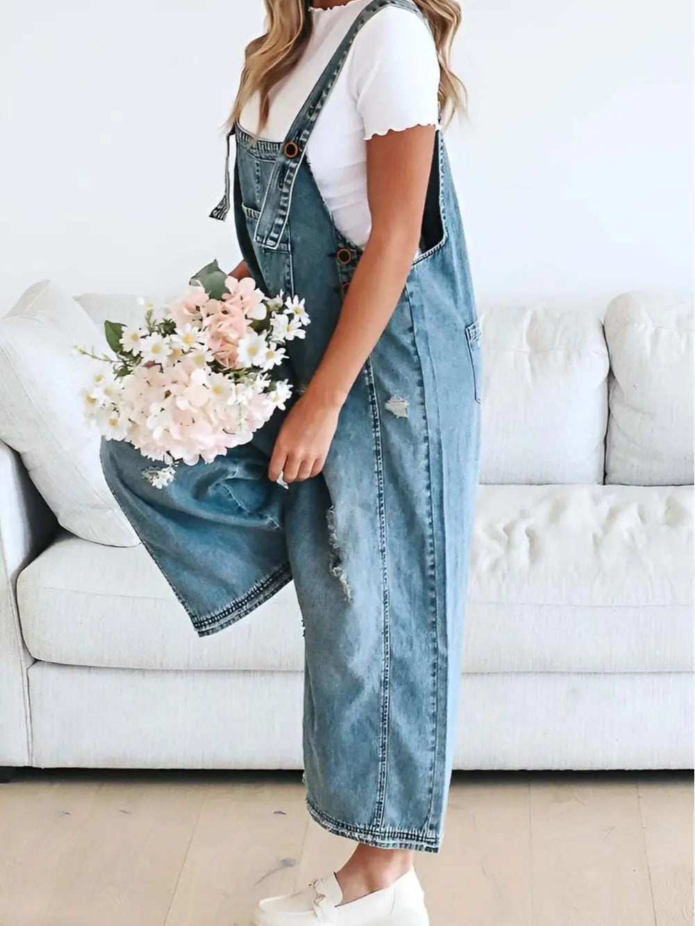 Ebossy Women's Minimalist Blue Loose Strappy Adjustable-Button Denim Coverall Bib Overalls - Ripped Wide Leg Baggy Jumpsuit, Casual Party Womenswear, Women's Clothing