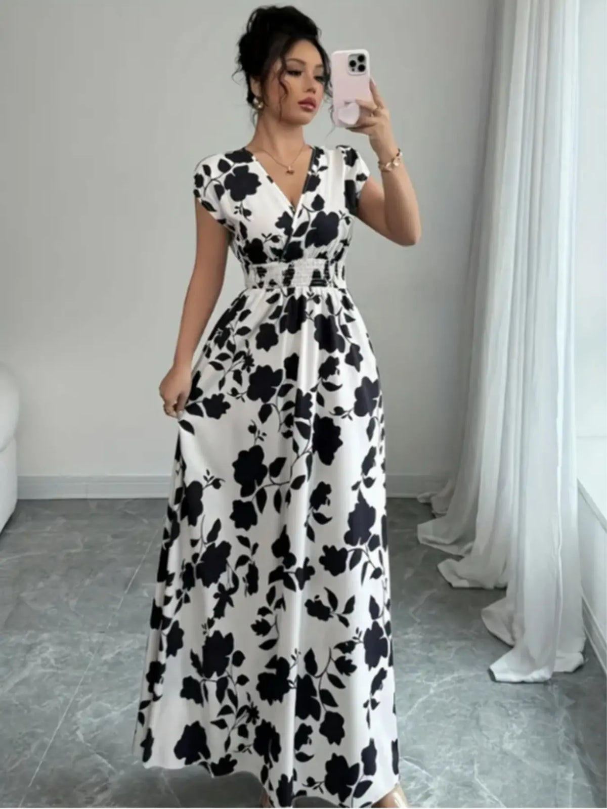 Elegant Women's Summer Dress, Womenswear, V Neck Fitted A-Line Batwing Sleeve, Floral Print, Leaf, Casual Boho Sundress, Casual Fashion Style, Perfect for Daily Wear & Special Occasions, Chic Dress, Boho Casual Comfy, Bohemian Aesthetic Summer Dress