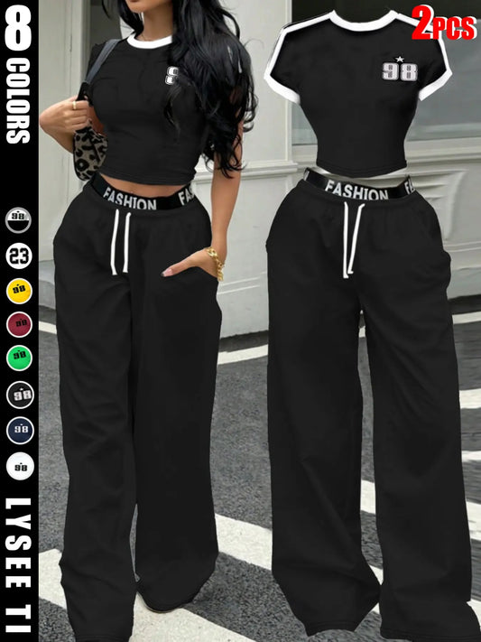 European and American spicy girl chic style black and white contrasting striped short crop top+letter waist wide leg pants women's two-piece set, Outfit, Clothes